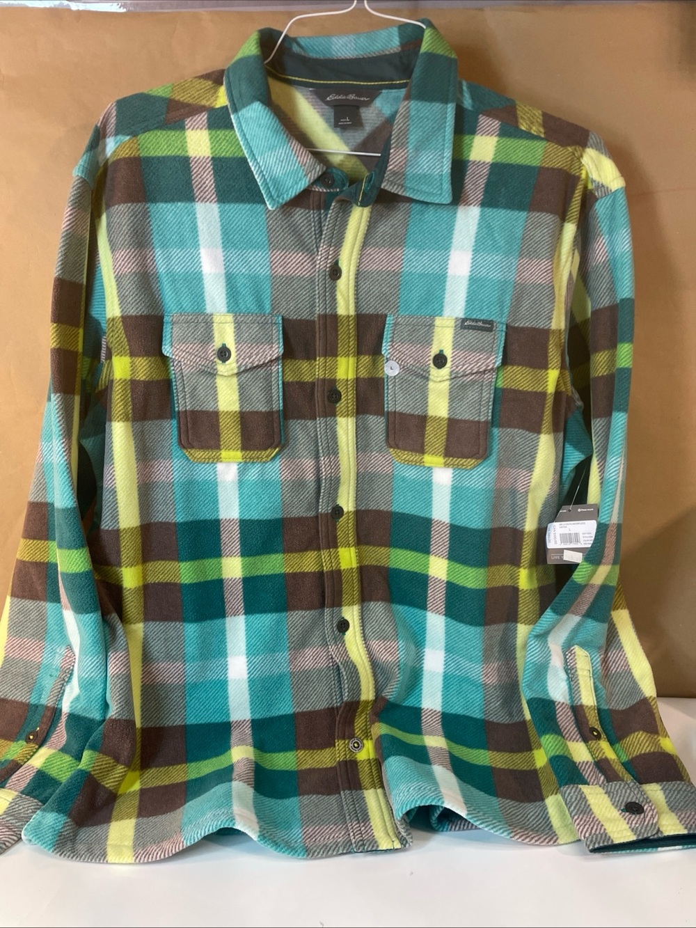 Eddie Bauer Teal, Brown & Lime Plaid Button-Down Shirt